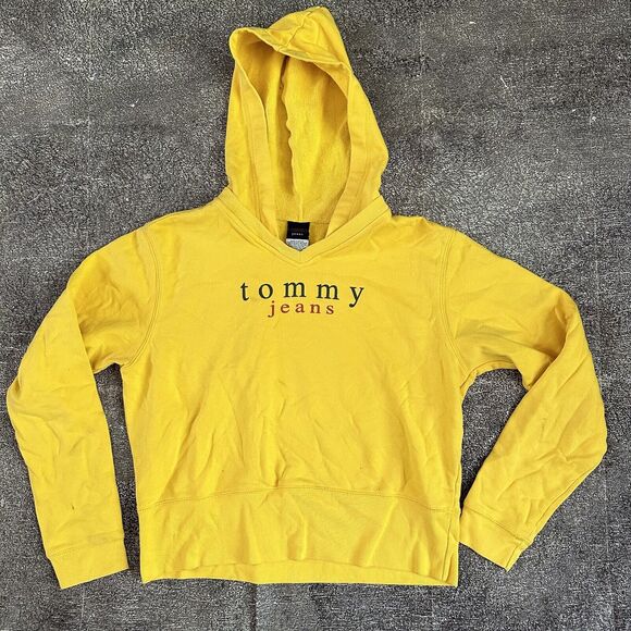 Women's Vintage Y2K Tommy Hilfiger Jeans Yellow Spell Out Hoodie Sweatshirt Sz M - Picture 1 of 3